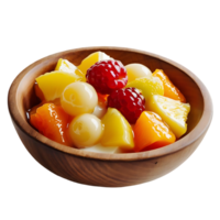 Wooden Bowl of Colorful Fruit Salad with Pineapple, Peach, Lychee, and Raspberries png
