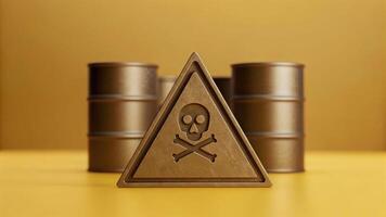 Toxic exposure warning sign with skull and crossbones in front of metal barrels on yellow background photo