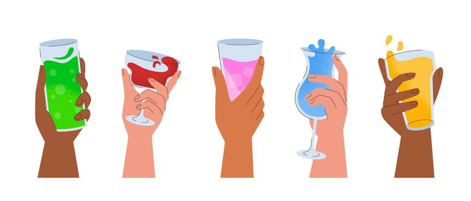 long banner with five different hands holding cocktails. Modern flat illustration The concept of summer parties.