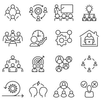 conjunto de dieciséis contorno íconos relacionado a trabajo en equipo. editable ataque. íconos son equipo reunión, colaboración, presentación, lluvia de ideas, proyecto planificación, remoto trabajar, liderazgo, trabajo en equipo, delegación vector