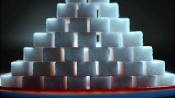 Excessive sugar cubes stacked in pyramid shape on plate create dramatic and unhealthy visual impact photo