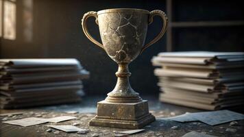 Cracked old trophy stands among dusty papers symbolizing unrealistic expectations of glory and achievement in forgotten setting photo