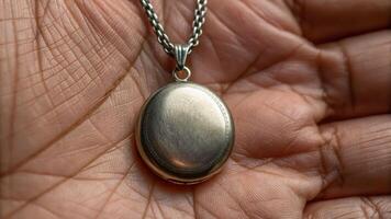 Silver locket pendant held in hand symbolizes unresolved trauma and memories, reflecting emotional depth and personal history photo