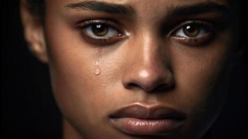 Emotional close up of young woman with brown eyes and tear on cheek expressing unresolved trauma and deep sadness in dim light photo