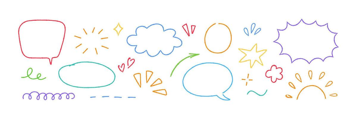 Crayon doodle element set. Hand drawn speech bubbles, star, cloud. Color pencil underline, arrow, spark drawing. Kids doodle chalk style sun and circle. illustration on white background