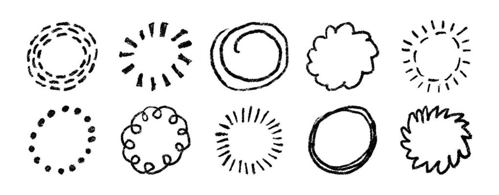 Doodle crayon circle. Hand drawn firework. Sketch brush star. Crayon texture circles. Doodle lines and dots. Hand drawn sparkle. illustration