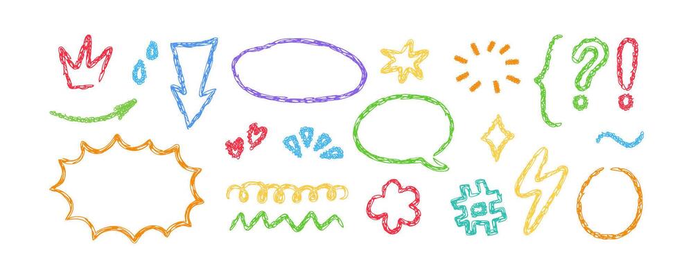 Crayon doodle element set. Hand drawn speech bubbles, star, cloud. Color pencil underline, arrow, spark drawing. Kids doodle chalk style and lightning. illustration on white background