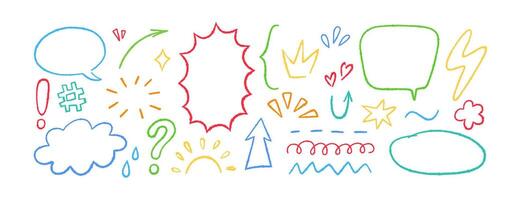 Crayon doodle elements. Hand drawn speech bubbles, star, cloud. Color pencil underline, arrow, spark drawing. Kids doodle chalk style flower, sun and drops. illustration on white background vector