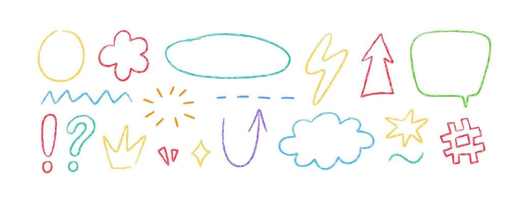 Crayon doodle element set. Hand drawn speech bubble, star, cloud. Color pencil underline, arrow, spark drawing. Kids chalk style question and exclamation mark. illustration on white background