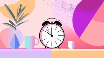 An alarm clock is sitting on a table next to a cup of coffee vector