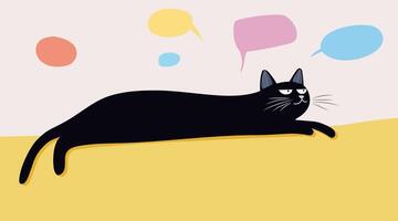 A black cat is laying on a yellow background with speech bubbles vector