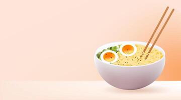 Ramen noodles with eggs and chopsticks on a pink background vector