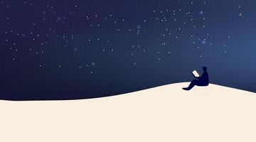 A man sitting on a hill reading a book at night vector