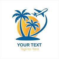 Tropical Travel Logo with Palm Trees Airplane and Sunset for Vacation vector