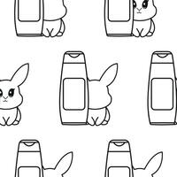 pattern of two simple black and white checkmark icons with a long cosmetic jar with rabbits next to it, meaning that the cosmetic products are not tested on animals vector