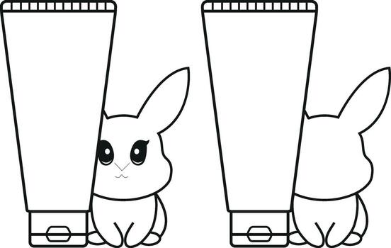 set of two simple black and white checkmark icons with a tube of cream with rabbits next to it, meaning that cosmetic products are not tested on animals vector