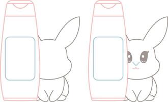 set of two simple colored badges with a long cosmetic jar with rabbits next to it, meaning that the cosmetic products are not tested on animals vector