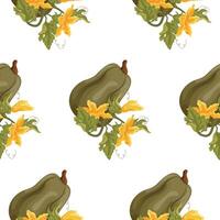 pattern with long green pumpkin and green tops with yellow flowers and green leaves next to it, for autumn print, textile or packaging vector