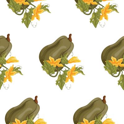 pattern with long green pumpkin and green tops with yellow flowers and green leaves next to it, for autumn print, textile or packaging