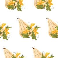 pattern with white oval pumpkin and green tops with yellow flowers and green leaves next to it, for autumn print, textile or packaging vector