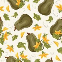 Seamless pattern with long green pumpkins and green tops with yellow flowers and green leaves arranged randomly next to each other, for autumn print, textile or packaging vector