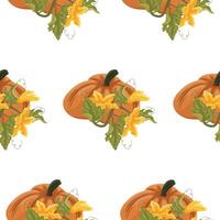 Pattern with round orange pumpkin and green tops with yellow flowers and green leaves next to it, for autumn print, textile or packaging vector