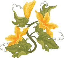 flat icon of a sprig of pumpkin tops with green, twisted leaves and yellow pumpkin blossoms, for autumn printing, textiles or packaging vector