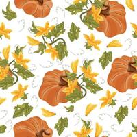 Seamless pattern with round curved orange pumpkin and green tops with yellow flowers and green leaves arranged randomly next to each other, for autumn print, textile or packaging vector