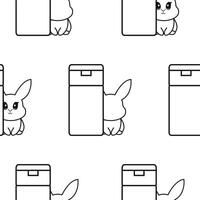 pattern of two simple black and white checkmark icons with rectangular cosmetic tubes with rabbits next to them, signifying that cosmetic products are not tested on animals vector