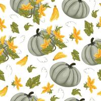 Seamless pattern with round green pumpkins and green tops with yellow flowers and green leaves arranged randomly next to each other, for autumn print, textile or packaging vector