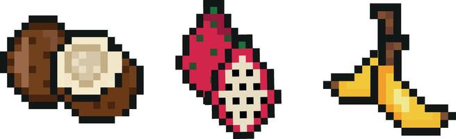 set of three exotic fruit icons in pixel art style, namely banana, coconut and dragon fruit icons, retro 8-bit graphics style with visible square pixels and minimal color palette vector