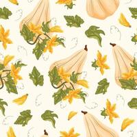 seamless pattern with white oval pumpkins and green tops with yellow flowers and green leaves next to them placed randomly, for autumn print, textile or packaging vector