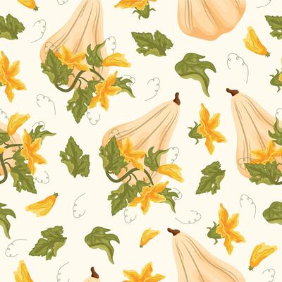 seamless pattern with white oval pumpkins and green tops with yellow flowers and green leaves next to them placed randomly, for autumn print, textile or packaging