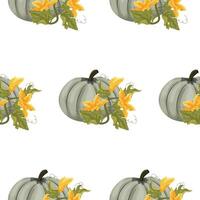 Pattern with round green pumpkin and green tops with yellow flowers and green leaves next to it, for autumn print, textile or packaging vector