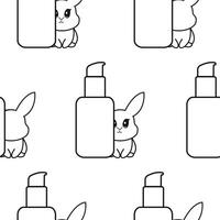 pattern of two simple black and white checkmark icons with a bottle with a dispenser and rabbits next to it, meaning that cosmetic products are not tested on animals vector