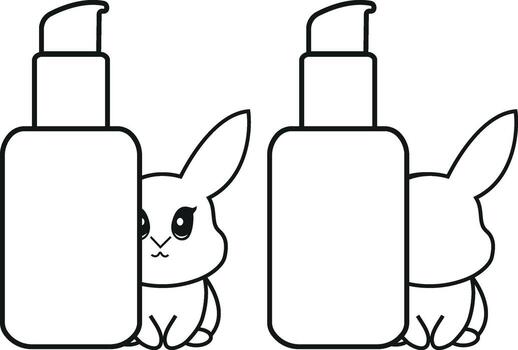 set of two simple black and white checkmark icons with a bottle with a dispenser and rabbits next to it, meaning that cosmetic products are not tested on animals vector
