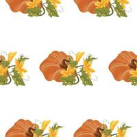 Pattern with round curved orange pumpkin and green tops with yellow flowers and green leaves next to it, for autumn print, textile or packaging vector