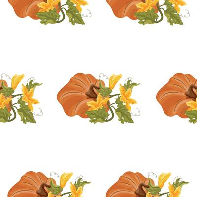 Pattern with round curved orange pumpkin and green tops with yellow flowers and green leaves next to it, for autumn print, textile or packaging
