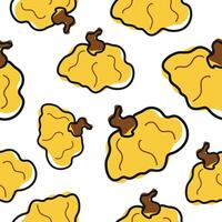 seamless pattern with cute simple icon of round, yellow pumpkins in cartoon doodle style arranged randomly, for autumn holidays, advertising and seasonal packaging vector