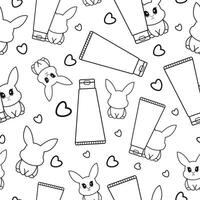 pattern of two simple black and white checkmarks with a tube of cream with rabbits next to it, meaning that cosmetic products are not tested on animals vector