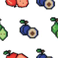 pattern with garden fruits in pixel art style, namely apple, pear and plum icons, retro 8-bit graphics style with visible square pixels and minimal color palette vector