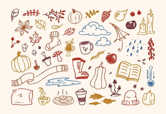 Autumn charcoal doodle and drawings of fallen leaves and cozy objects, warm clothes and mugs with hot drinks, cold weather and pumpkins. illustration.