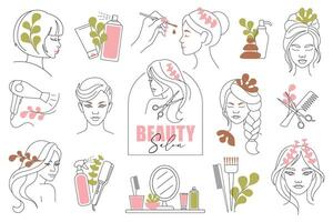 Hair and Face Branding Elements. Line Art Icons for Beauty Logos vector