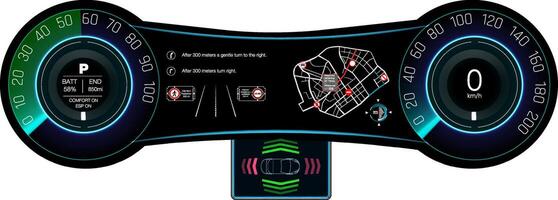 Modern car dashboard display showing navigation and performance metrics during a daytime drive. vector