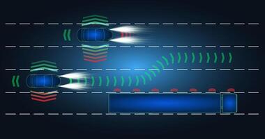 Devices assisting automated vehicles in lane change maneuver near a truck on a highway at night. vector