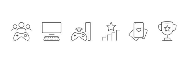 Set of game lined icon collection. Game controller, joystick, headset, console, gaming PC symbol. vector
