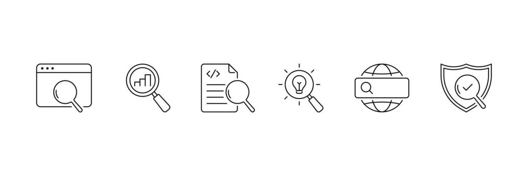 Set of Search lined icon collection. Web search engine, analytics, magnify glass symbol. vector