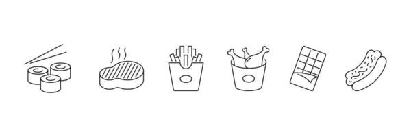 Set of Fast food lined icon collection. burger, pizza, , donut, kabab, sausage, burrito symbol. vector