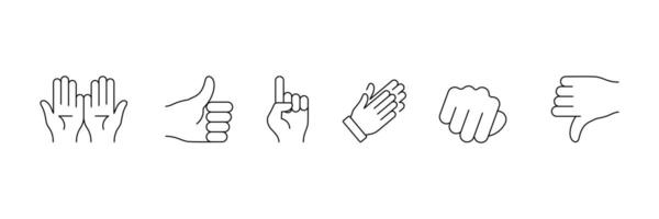 Set of Hand gestures lined icon collection. Clapping hands, horns, thumb up finger, helping hand symbol. vector
