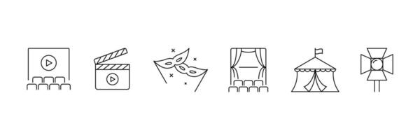 Set of Entertainment lined icon collection. Theater, cinema, , dance, game, music arts symbol. vector